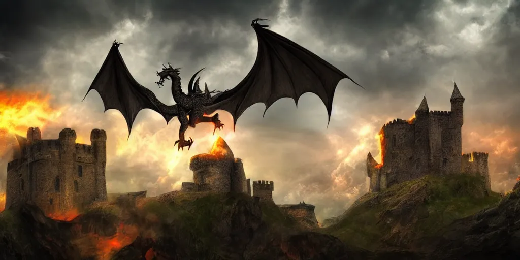 Prompt: A huge dragon flying over a medieval castle, fire, dark fantasy, stormy sky, volumetric lightning, digital art
