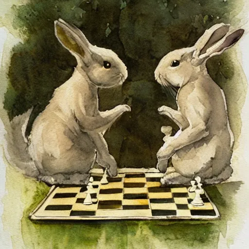 Prompt: two rabbits playing chess, in the style of anders zorn, watercolour