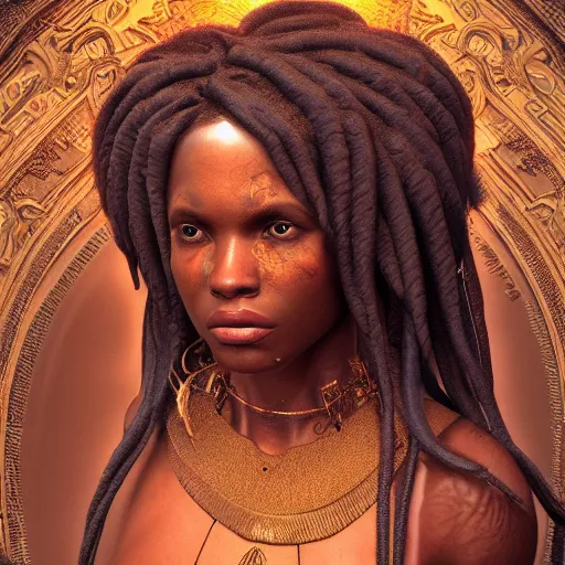 Prompt: Photorealistic ebony goddess in the style of Michael Whelan and Gustave Dore. Hyperdetailed photorealism, 108 megapixels, amazing depth, glowing rich colors, powerful imagery, psychedelic Overtones, 3D finalrender, 3d shading, cinematic lighting, artstation concept art