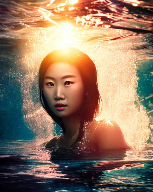 Image similar to portrait of asian woman underwater during sunrise, sunrays, aquaman aesthetic, caustics, rippling water, photoshoot, flowing hair, elegant, iconic, fine-art, masterpiece, cinematic, trending on artstation