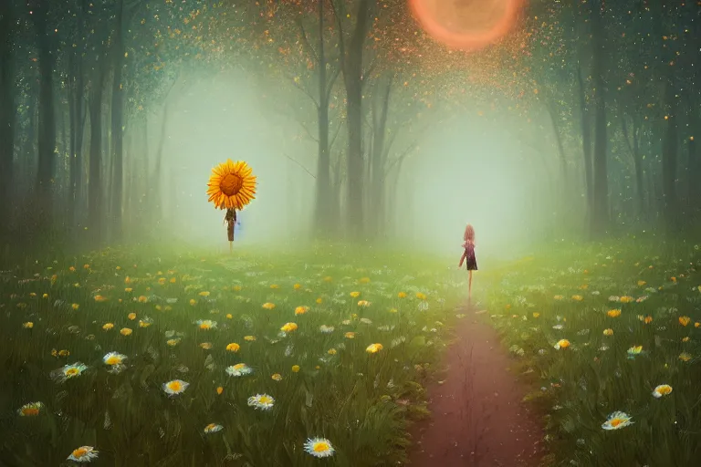 Image similar to giant daisy flowers head, girl walking in forest, surreal photography, dark night, stars, moon light, impressionist painting, clouds, digital painting, artstation, simon stalenhag