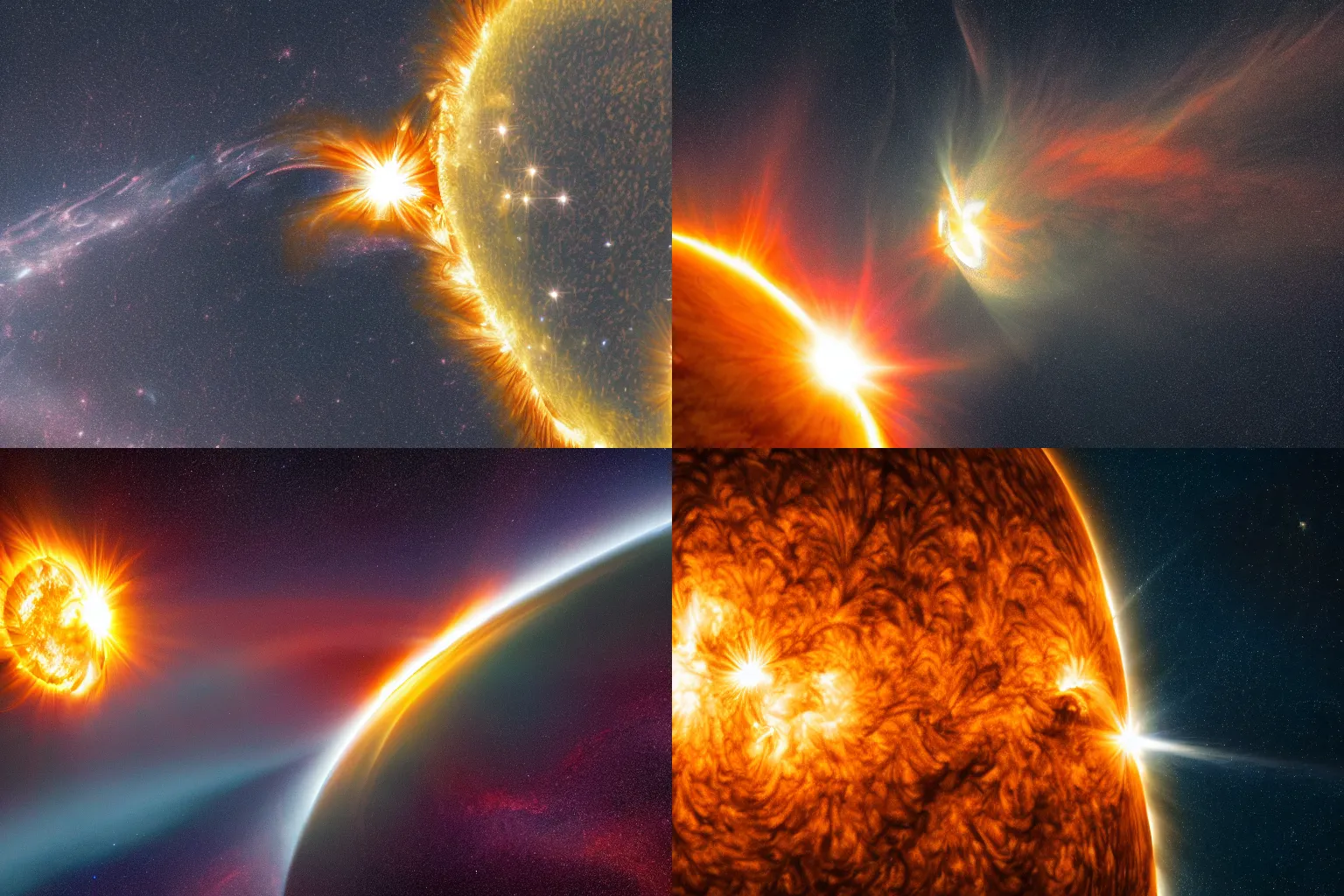 Prompt: photograph of a solar flare, earth visible in background, astrophotography, NASA, 4K, Detailed, HDR