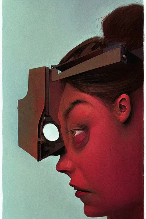 Image similar to a woman wearing an oculus through her head to see a trash art Edward Hopper and James Gilleard, Zdzislaw Beksinski highly detailed
