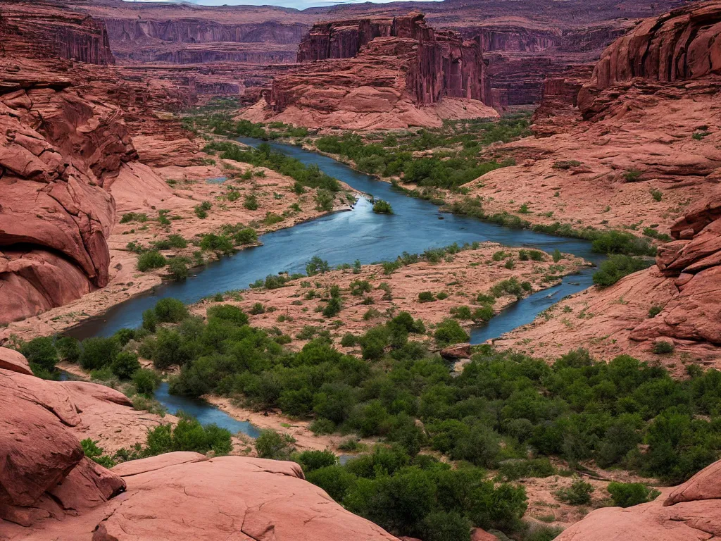 Image similar to “a river running through a canyon surrounded by desert mountains, moab, utah, a tilt shift photo by Frederic Church, trending on unsplash, hudson river school, photo taken with provia, national geographic photo, tilt shift”