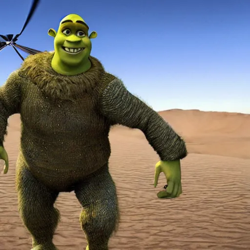 Image similar to shrek jumps out of a military aircraft in camo uniform into the desert with a parachute