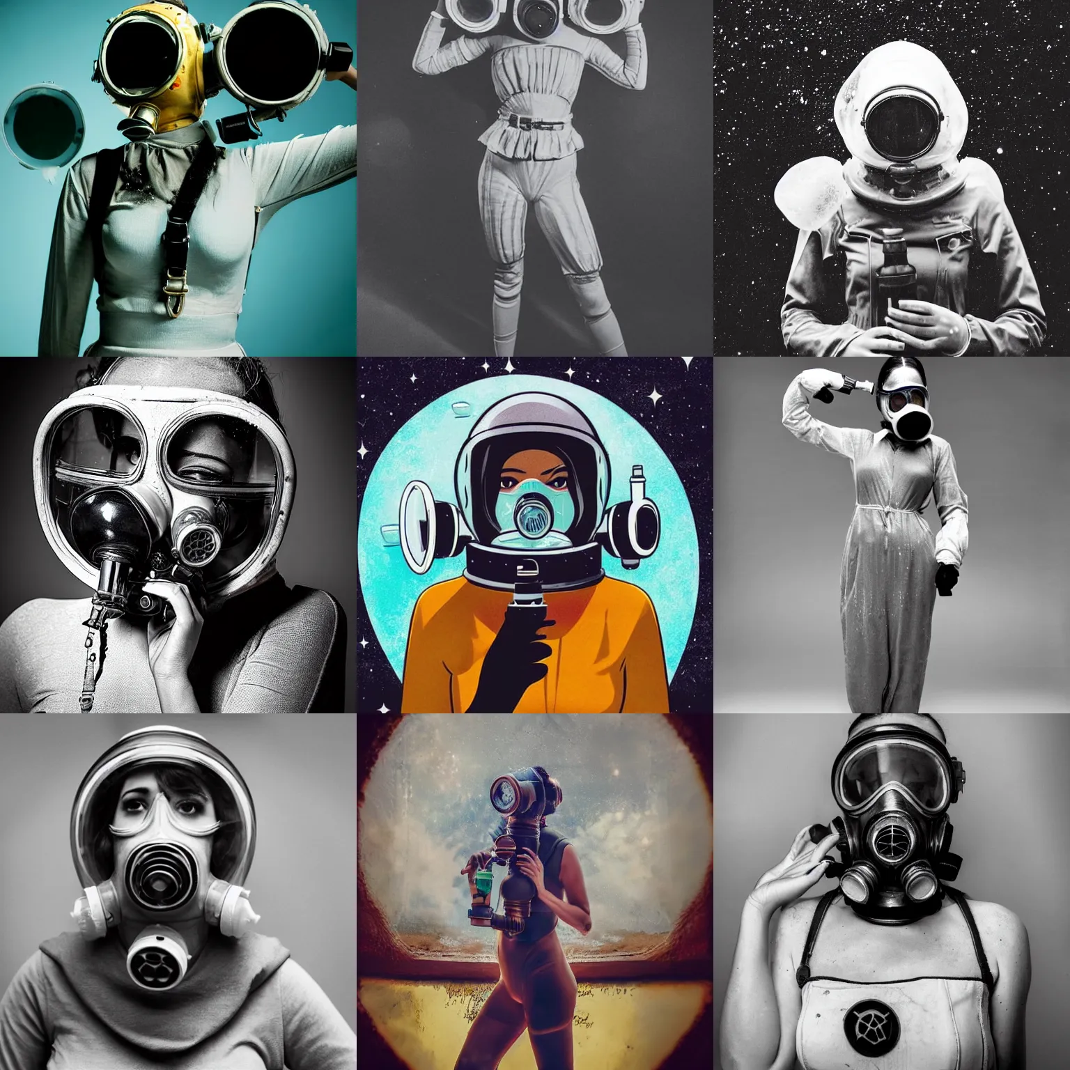 Prompt: a beautiful woman wearing a gas mask covering her body with water, standing in outer space, vintage inspired, by the invisible realm and felipe posada