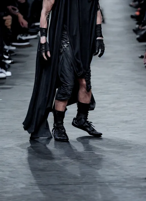 Image similar to hyperrealistic and heavy detailed rick owens avant garde runway show of batman, leica sl 2 5 0 mm, vivid color, high quality, high textured, real life