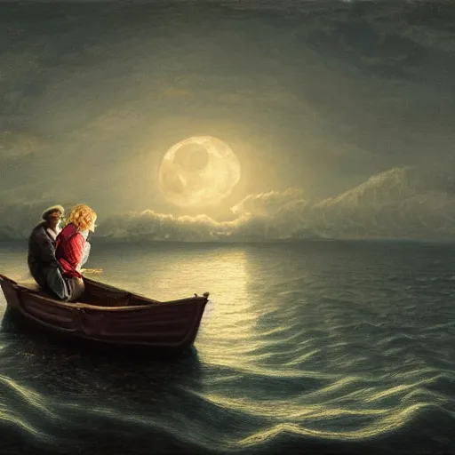 Image similar to man and daughter in a small boat on a rough sea late at night, moonlight reflections across water, hyper realism, high detail, deep aesthetic, rich colors, 4k, highly ornate intricate details, variations,