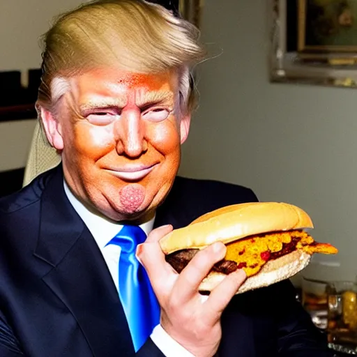 Image similar to donald trump eating a cheeseburger, paparazzi photo