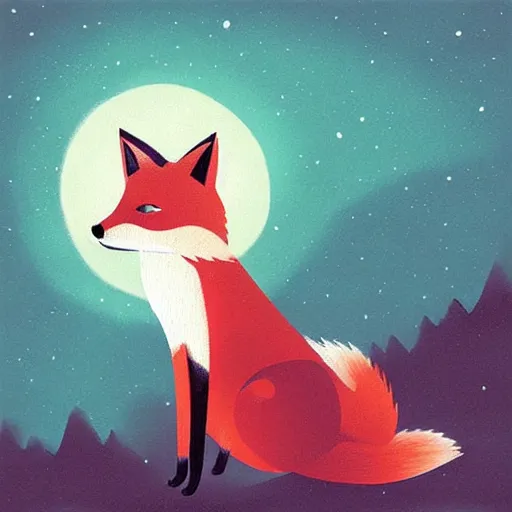 Image similar to “a fox sitting in the woods, looking up at the night sky. The moon shines brightly. digital art, painting”