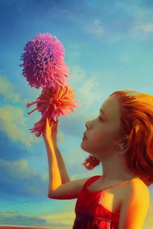 Image similar to closeup huge dahlia flower head, girl with dress on beach, surreal photography, blue sky, sunrise, dramatic light, impressionist painting, digital painting, artstation, simon stalenhag