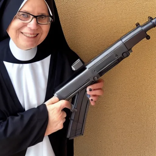 Image similar to a nun in church holding an ak 4 7