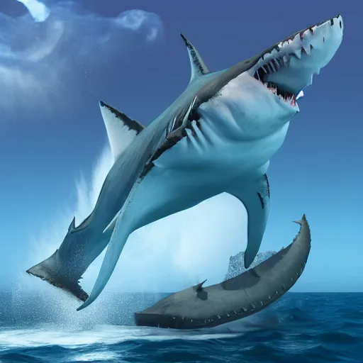 Image similar to 3D render of a pirates ship being hit by a giant shark