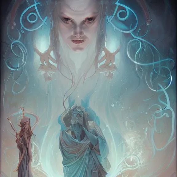 Image similar to a highly detailed beautiful portrait in the style of peter mohrbacher and in the style of jean delville. glowing runes of magical power.