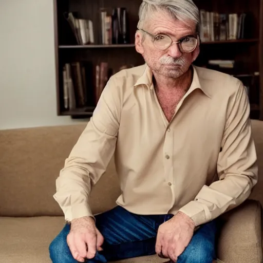 Prompt: full body photo of steve, mature male, mysterious face. he is a doctor. he is sitting gracefully on a sofa, elegant slim beige shirt. he his dad belly