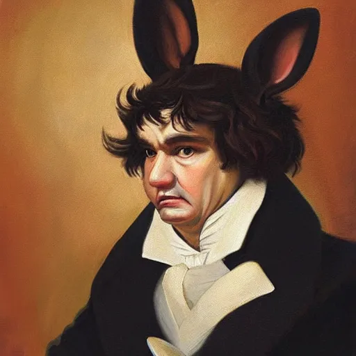 Prompt: a rabbit dressed as beethoven, realistic oil painting,