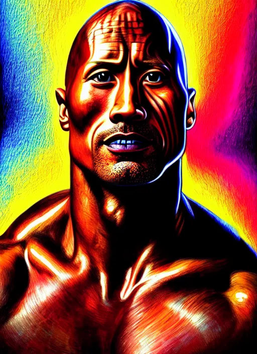 Image similar to portrait of dwayne johnson, hyper detailed ultra sharp aztec shaman warrior. trending on artstation, warpaint aesthetic, bloodwave, colorful, psychedelic, ornate, intricate, digital painting, concept art, smooth, sharp focus, illustration, art by artgerm and greg rutkowski and h. r. giger, 8 k