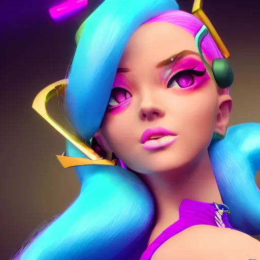 Image similar to still of pretty Jinx (League of Legends) in KDA music video. 3d render, octane render, game art, realistic, highly detailed, trending on artstation, 4k, trending on artstation, pixar, cgsociety, unreal engine 5, redshift render, trending on artstation, blender, behance, cg