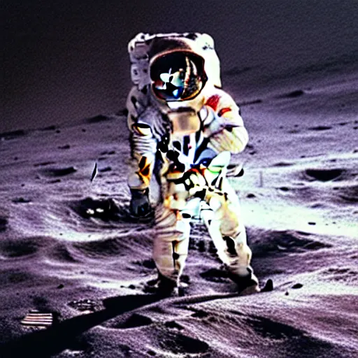 Image similar to medium - shot photo of david bowie!! wearing a space suit walking on the moon!! surface!!,