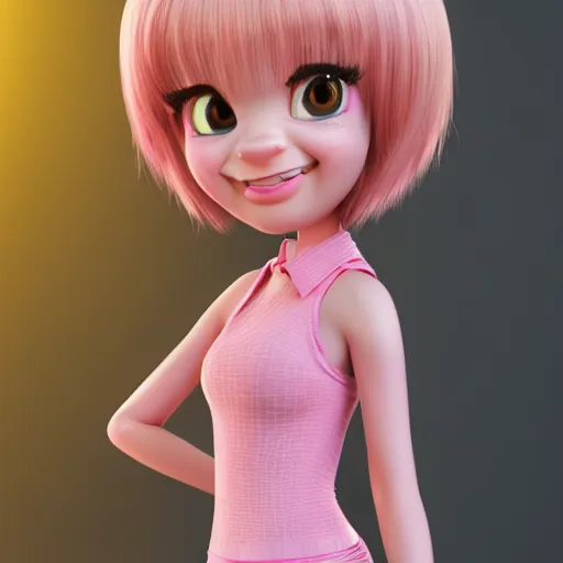 Image similar to A Selfie portrait of Nikki from Shining Nikki and Love, a cute 3d cgi toon young woman with long light pink hair, full bangs, hazel eyes, full face, light makeup, pale skin, Chinese heritage, cute outfit, medium shot, mid-shot, hyperdetailed, 8k, trending on artstation, as a Pixar character