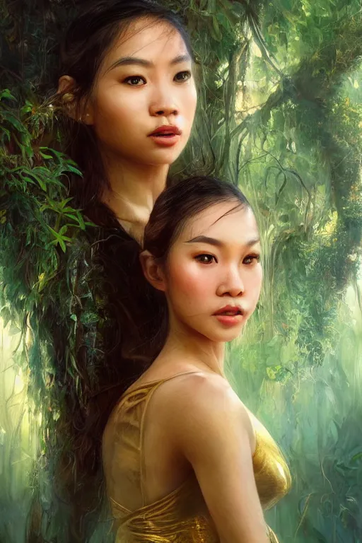 Image similar to stunningly beautiful, filipina prima ballerina in jungle, symmetrical face, golden hour, smooth, focus, highly detailed, hyper realistic, dramatic lighting, elegant, intricate, concept art, art by wlop, mars ravelo, greg rutowski, artstation