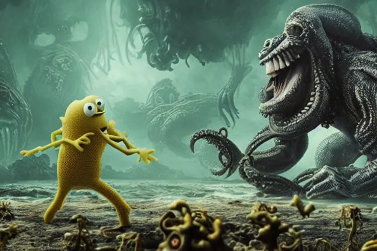 Image similar to Spongebob Cthulhu chimera fighting king kong, photorealistic still from Alien Planet