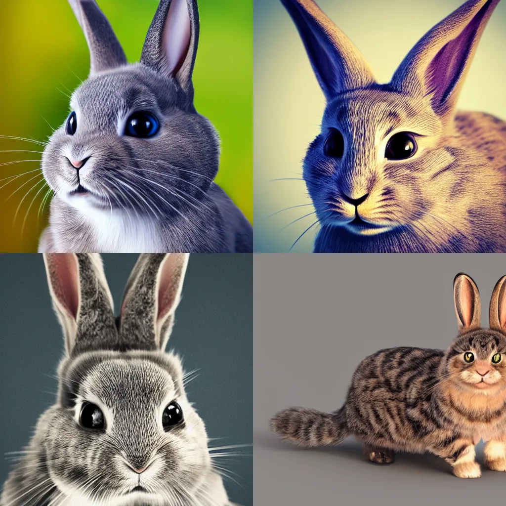 Prompt: a rabbit with a cat face, 4k, extremely detailed, ultra realistic, photorealistic 3D art