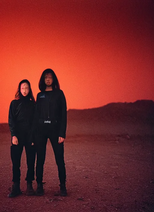 Image similar to cinestill 5 0 d photographic portrait of two loving female androids wearing rugged black techwear on a desolate plain with a red sky, extreme closeup, lizard on ground, cyberpunk style, in front of a brutalist dark metal facility, dust storm, 8 k, hd, high resolution, 3 5 mm, f / 3 2