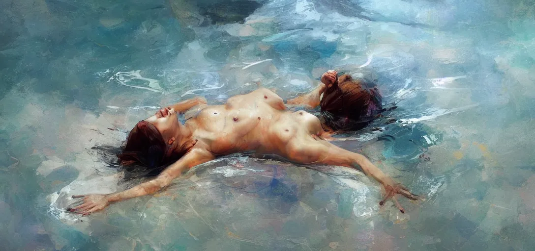 Prompt: a realistic hyperdetailed multi - colored digital oil full body portrait painting of a a beautiful woman floating on her back in the ocean, the style of guy denning, ruan jia, and craig mullins. trending on artstation and deviantart. cgsociety digital art.