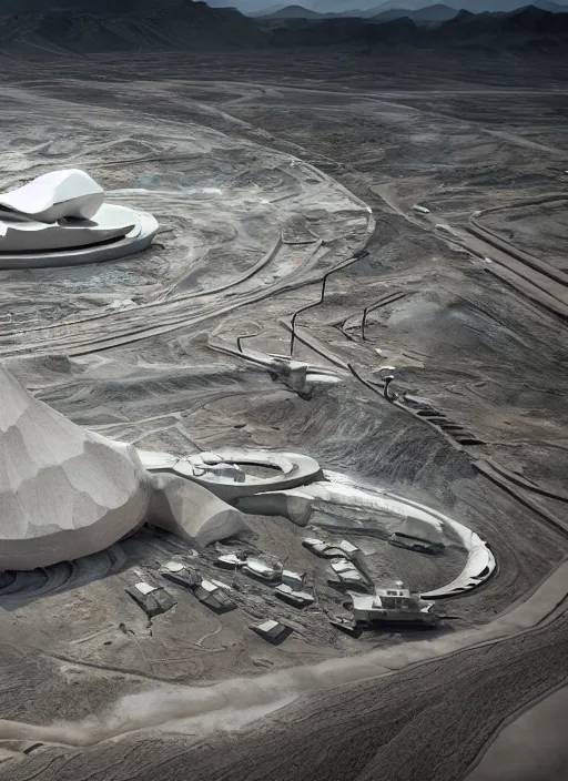 Image similar to techno mining tailing in chuquicamata bioremediation white futuristic horizontal architecture, epic, cinematic, hyperealistic, high detailed, corona render, hdr, ray tracing