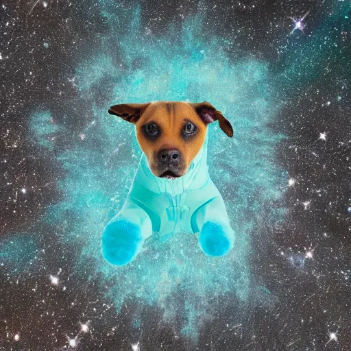 Image similar to a photograph of a huge dog in space made of turquoise colored crystals