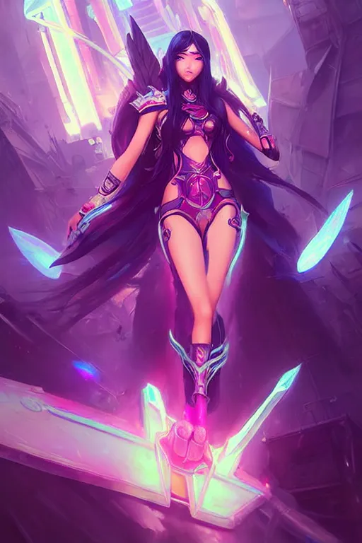 Image similar to irelia from league of legends, cyberpunk futuristic neon. flying blades in air, decorated with traditional japanese ornaments by ismail inceoglu dragan bibin hans thoma greg rutkowski alexandros pyromallis nekro rene maritte illustrated, perfect face, fine details, realistic shaded, fine - face, pretty face, masterpiece