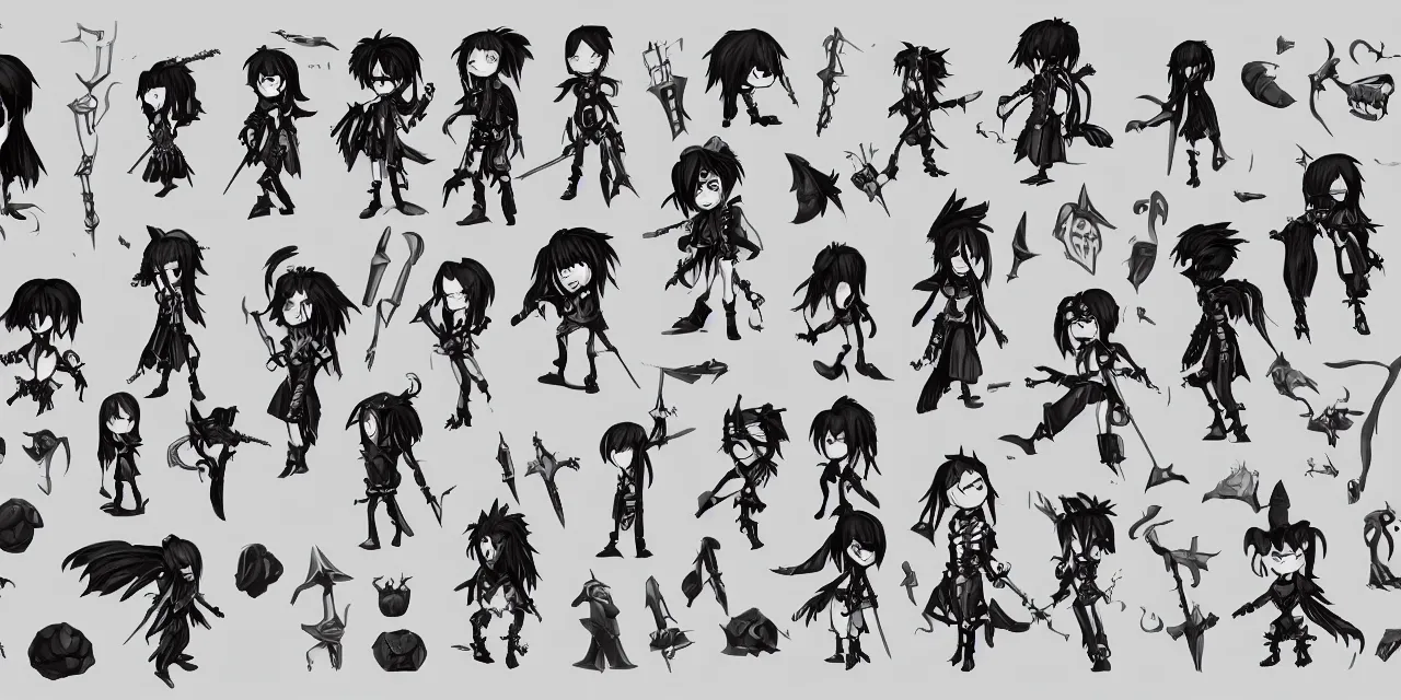 Prompt: game asset sheet, 2 d sprite, cute goth punks, chibi gods, material study