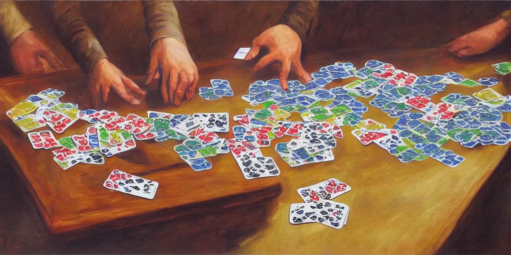 Image similar to impressive card shuffling, oil painting