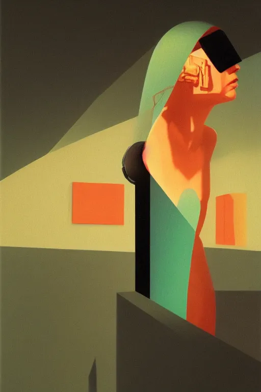 Image similar to woman wearing oculus and digital glitch head edward hopper and james gilleard, zdzislaw beksisnski, higly detailed