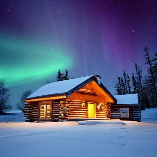 Prompt: a small log cabin in a snow covered, mountainous landscape below a night sky displaying the northern lights, trending on artstation