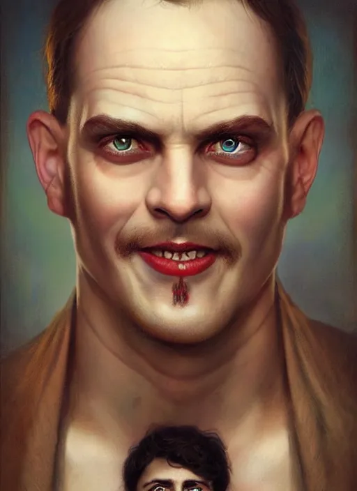 Image similar to a threatening portrait of a smiling man pretending to be human with beautiful blue eyes and short brown hair, art by manuel sanjulian and tom bagshaw