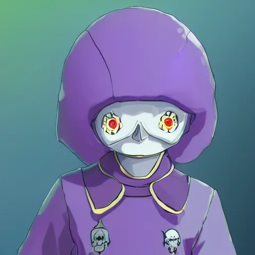 Image similar to cute little boy wearing an skull mask and dressed in an nun outfit, purple color palette, artwork made in made in abyss art style, inspired in ddtank and hirohiko araki, ray tracing, soft details, anatomically correct, aesthetic