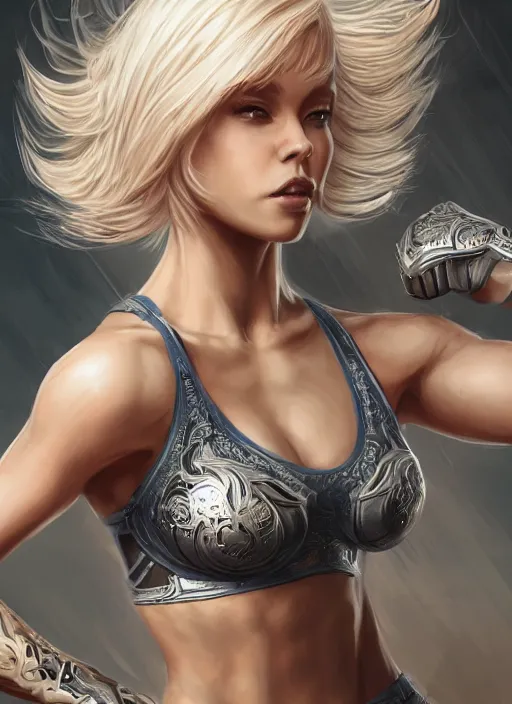 Prompt: a highly detailed illustration of short platinum blonde haired flat chested woman wearing mma bra, heroic muay thai stance pose, muscular, intricate, elegant, highly detailed, centered, digital painting, artstation, concept art, smooth, sharp focus, league of legends concept art, WLOP