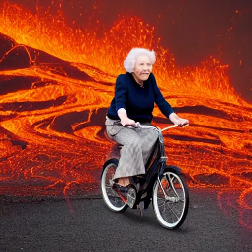 Prompt: a cute gentle elderly woman riding a bike through a field of lava and tentacles, realistic photo