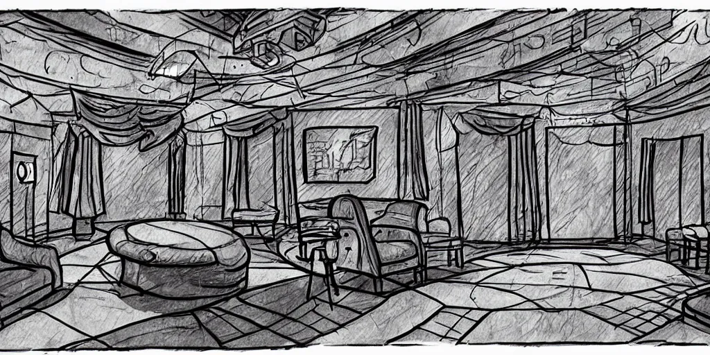 Image similar to a dimly lit, theater dressing room, with a mirror, a chair, a couch, day of the tentacle style, drawn by Peter Chan, 5 point perspective