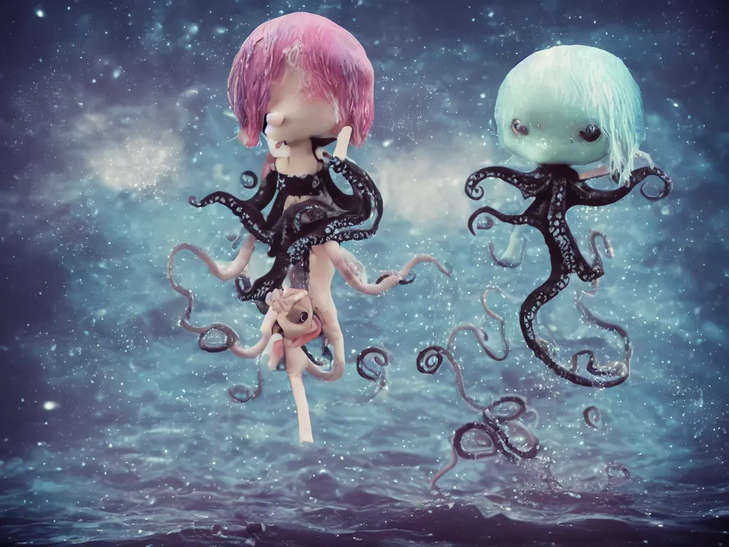 Image similar to cute fumo plush gothic octopus maiden alien girl swimming in the waves of the dark galactic abyss, tattered ragged gothic dress, ocean waves and reflective splashing water, ocean simulation, vignette, vray