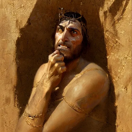 Image similar to a scrappy bronze age thief man, ancient mesopotamia, hiding, opportunistic expression, sword and sandal character portrait by gaston bussiere, craig mullins, greg rutkowski