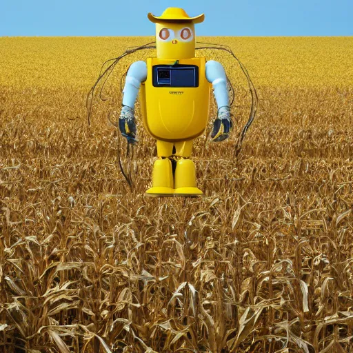 Prompt: a photo of a yellow farming robot wearing a straw hat and blue overalls in the corn field, robots, humanoid, chappie, farming, photorealistic, 8 k