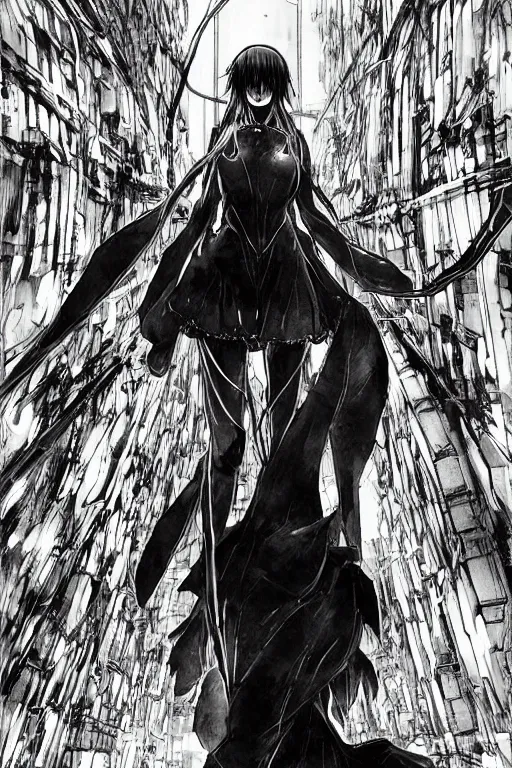 Prompt: beautiful coherent award-winning manga cover art of a mysterious lonely anime woman wearing a plugsuit and traversing an endless concrete hallway, by tsutomu nihei