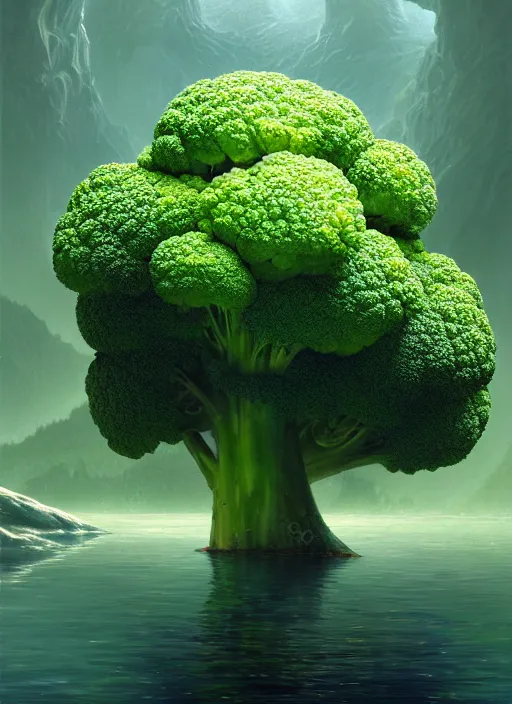 Prompt: portrait of a broccoli in a magical lake, half submerged in water, highly detailed, digital painting, artstation, night scene with moutains with glowing sprites, wlop concept art, smooth, sharp focus, illustration, art by dreadjim, craig mullins and greg rutkowski, 8 k