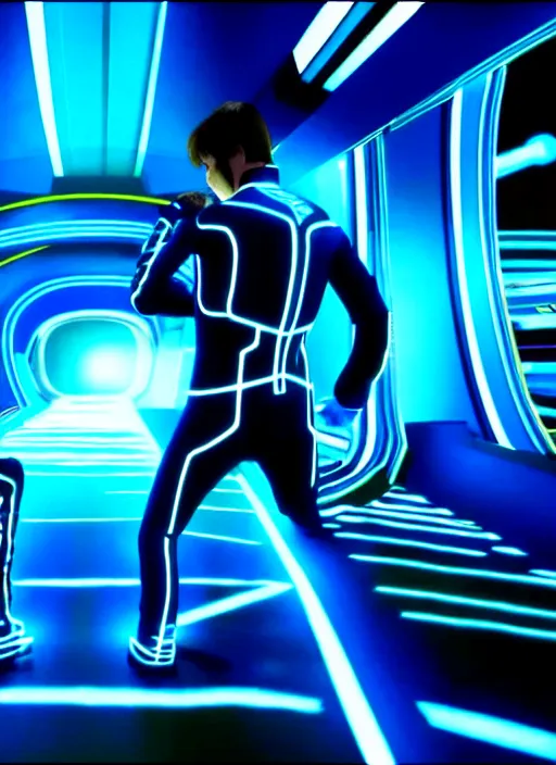 Prompt: cap'n crunch in tron : legacy, 2 0 1 0, high quality screen capture, photorealistic cgi, 4 k