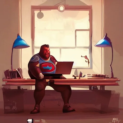 Image similar to a insanely detailed painting of a slightly overweight man wearing a homemade superhero costumed, sitting at a computer desk, nervously and clicking on the mouse, in the style of peter mohrbacher, dramatic lighting and composition, trending on artstation, concept art, comic book, graphic novel