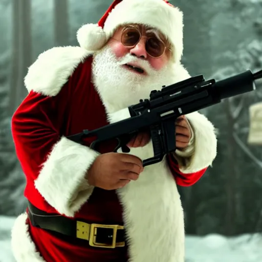 Image similar to cinematic shot of Danny Devito dressed as santa claus holding a LMG, 8k, very intricate, very detailed,