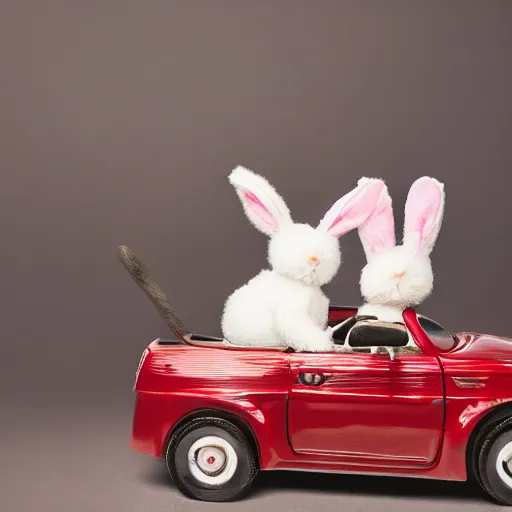 Image similar to easter bunny riding a convertible, studio photo, high quality